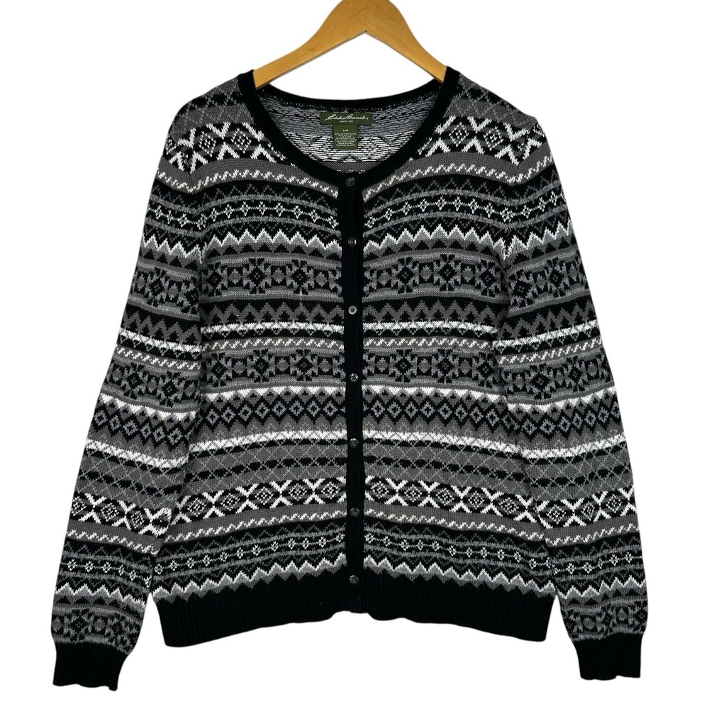 Eddie Bauer Fair Isle Cardigan Womens Large Gray Wool Blend Button Front Sweater